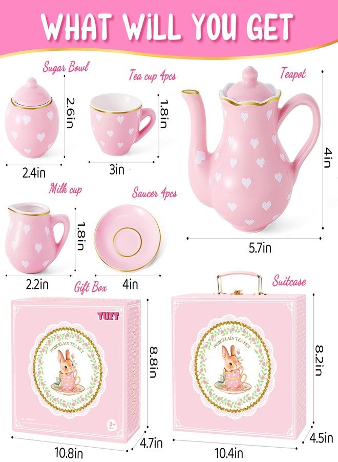 TUZT Tea Party Set for Little Girls Ages 3-8, Pink Heart Porcelain Tea Set with Gold Trim Edges, Princess Tea Time Toy Includes Pot & Cups & Saucers & Suitcase, Birthday Gifts for Toddlers Girls - Image 2